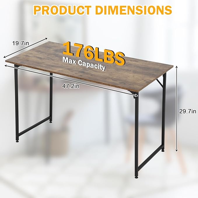 Computer Desk 47 Inch Study Writing Table, Home Office Desk with Metal Frame, Modern Gaming Desk for Office, Study and Game,Vintage