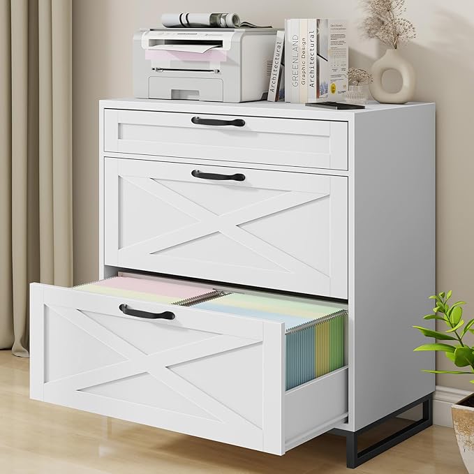 Vabches Lateral File Cabinet with 3 Drawers, Modern Farmhouse File Cabinet for Legal/Letter/A4 Size Hanging Files, Large Wood Printer Stand Home Office, White