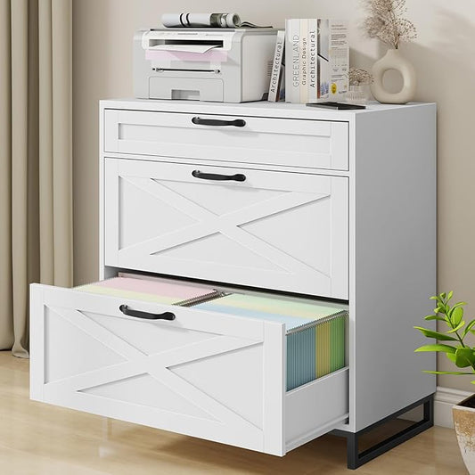 Vabches Lateral File Cabinet with 3 Drawers, Modern Farmhouse File Cabinet for Legal/Letter/A4 Size Hanging Files, Large Wood Printer Stand Home Office, White