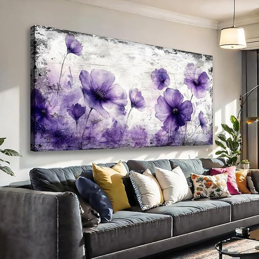 JLXART Canvas Wall Art for Living Room Decor Purple Floral Picture Modern Watercolor Poppy Painting Artwork Home Decor Framed Wall Decor Small Size 20 x 40 in Ready to Hang