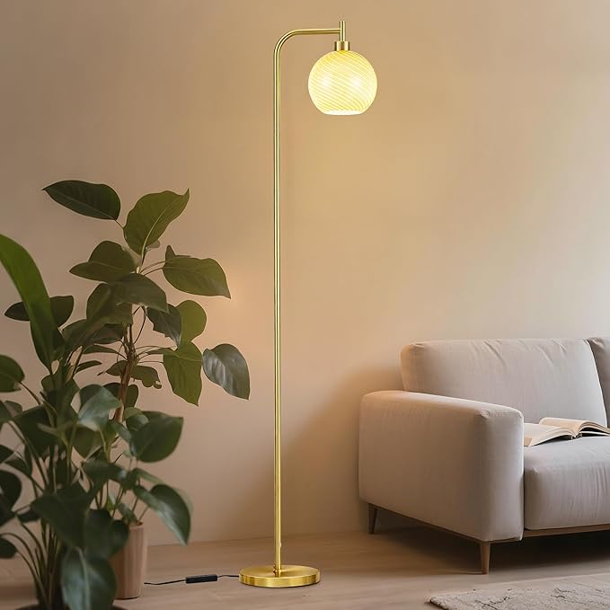 MAYNA Mid Century Modern Floor Lamp, Amber Ribbed Glass Standing Lamp with Built-in Timer Switch, Gold Tall Vintage Lamps for Living Room Bedroom, 2700K LED Bulb Included