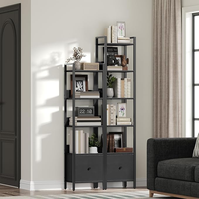 Bookshelf, 5-Tier Bookcase with Drawer, Small Book Shelf for Small Space, Storage Shelf Organizer, for Living Room, Bedroom, Study, Kitchen, Black BKHB55101