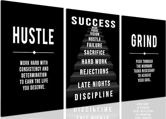 3Pcs Framed Black and White Inspirational Phrases Wall Art Stairway to Success Canvas Posters Prints Never Give Up Pictures Paintings Office Wall Decor for Home Gym Workplace