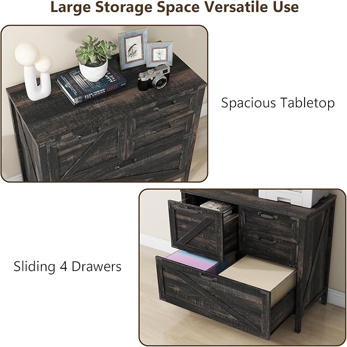 Lateral File Cabinet with 4 Drawers Farmhouse File Cabinet for Letter/Legal/A4 Size Hanging Files, Large Wood File Storage Cabinets Printer Stand for Home Office Cabinet, Dark Rustic Oak