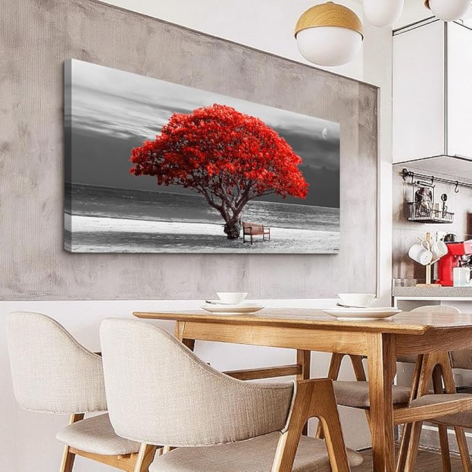 WapluamWall Decor Living Room Large Size Canvas Wall Art For Office Black White With Landscape Moon Wall Painting Red Trees Canvas Pictures Framed Artwork Bedroom Decor Home Decorations 30" X 60"