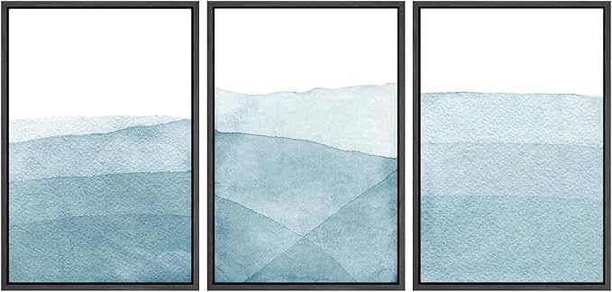 SIGNWIN 3 Piece Framed Canvas Wall Art Blue Wash Brushstroke Watercolor Nature Wilderness Illustrations Abstract Traditional Home Artwork Decoration for Living Room,Bedroom - 16"x24"x3 Black