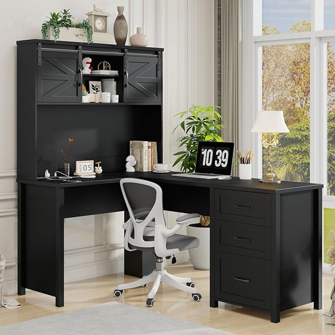 Vabches Farmhouse 68" H L Shaped Desk with Hutch,Office Table with 3 Drawers and Sliding Doors, Wood Executive Desk with File Drawers and Charging Station, Workstation for Study and Home Office
