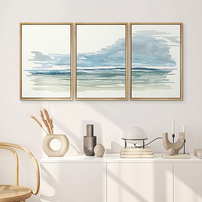 SIGNWIN Framed Canvas Print Wall Art Set Coastal Horizon Watercolor Blue and Green Abstract Ocean Illustrations Modern Art Decorative Abstract for Living Room, Bedroom, Office - 24"x36"x3 Natural