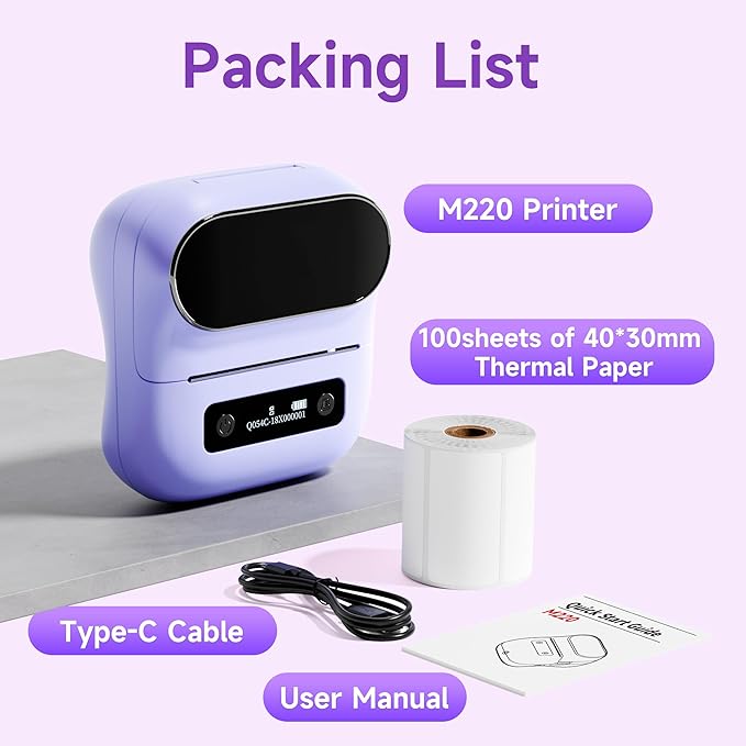 M220 Bluetooth Label Maker, Sticker Maker Support Printing 0.78-3.14 inch, Mini Thermal Printer for Small Business & Home，Portable Printer Compatible with Smartphone and PC （Purple）