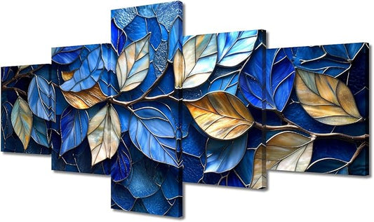 Modern Canvas Wall Art 5 Panel Abstract Canvas Wall Art Blue and Golden Leaves Pattern Art Wall Prints for Native Americans Bedroom Home Canvas Art Decor Stretched and Framed Ready to Hang 50x24 in