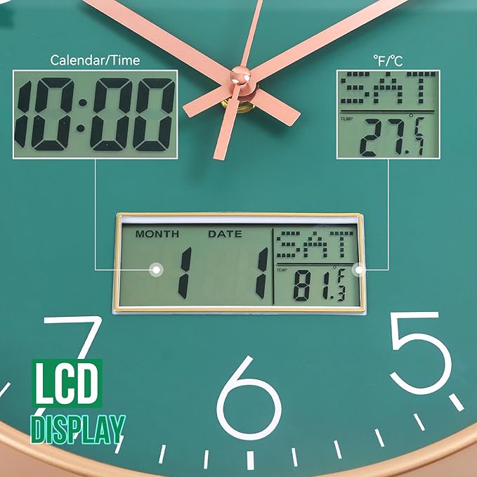 Wall Clock with LCD Display Non-Ticking Silent Quartz Movement Decor Clock with Perpetual Calendar and Temperature Modern Style Round Wall Clocks for Office/Living Room/Bedroom(Green, 12inch)