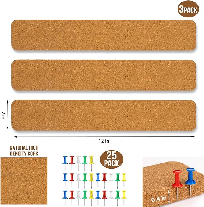 Cork Strips for Walls, 3Pcs Self Adhesive Cork Board for Office with 20 Pushpins for Paste Notes, Photos, Earrings, Necklaces, Mini Cork Board for Desk