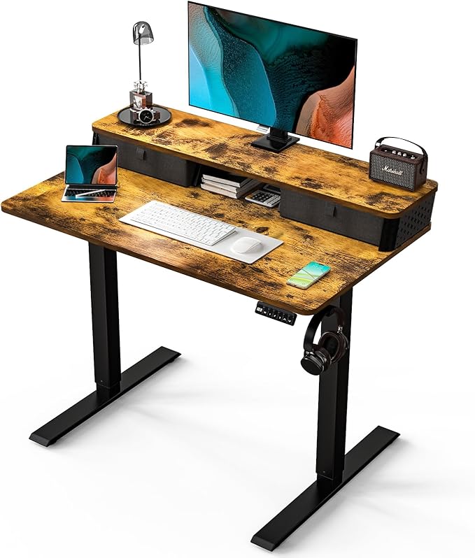 Kingant 40 x 24 Inch Small Electric Standing Desk with Dual Drawers, Height Adjustable Sit to Stand Computer Desk with Storage Shelf and C-Clamp Mount Compatibility for Home Office, Rustic Brown