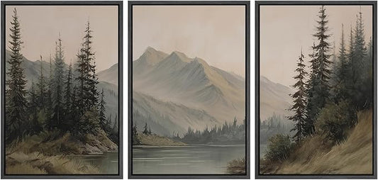 SIGNWIN Framed Canvas Print Wall Art Set Tranquil Pine Forest Mountain Lake Landscape Illustrations Modern Art Decorative Nordic Abstract for Living Room, Bedroom, Office - 16"x24"x3 Black