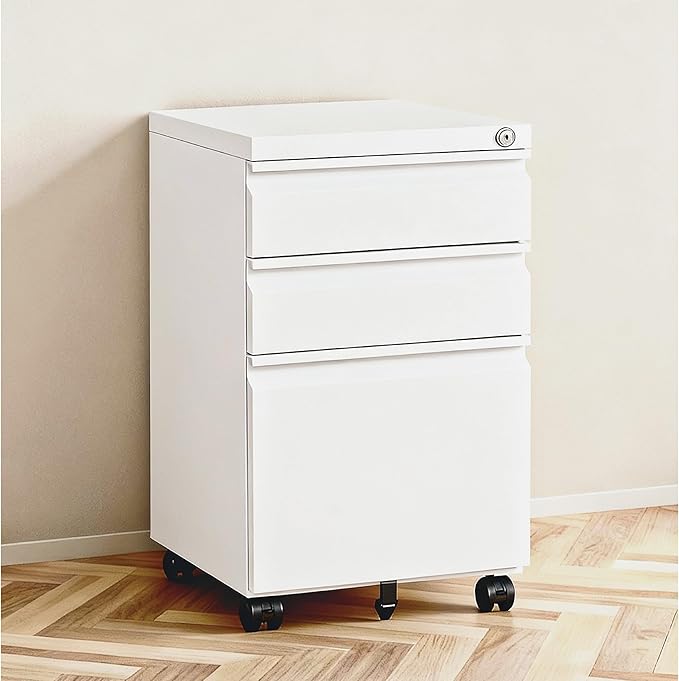 3 Drawer File Cabinet with Lock,Rolling Mobile File Cabinet with Wheels for Home Office,Under Desk Metal Filing Cabinet,Office Storage Organizer,Fully Assembled,White