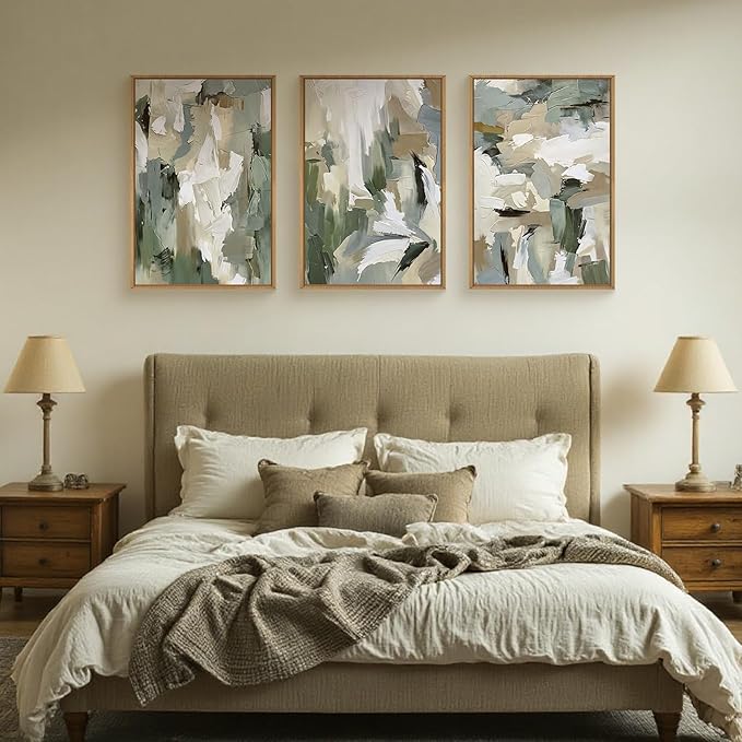 Large Abstract Green Beige Framed Canvas Wall Art Set,Neutral Brush Stroke Watercolor Wall Painting,Modern Minimalist Artwork for Living Room,Bedroom,Dining Room,Office -24"x36"x3