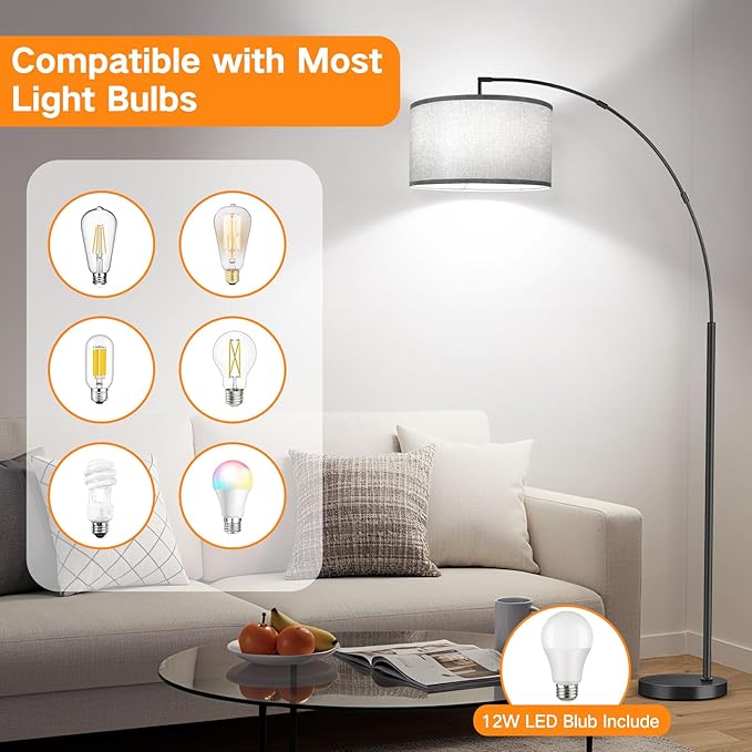 OUTON 81" Arc Floor Lamp, 12W 1080LM LED Dimmable Floor Lamp with 16" Gray Lampshade, Remote Control & Foot Switch, 4 Colour Temperatures, Tall Standing Lamp for Living Room Bedroom Office, Black