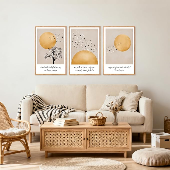 CHDITB Matthew 6:26 Look At The Birds Of The Air Framed Canvas Wall Art(16"x24"), 3 Panels Japandi Bible Verses Scripture Artwork Prints, Large Religious Christian Faith LDS Decor for Home Office Bedroom