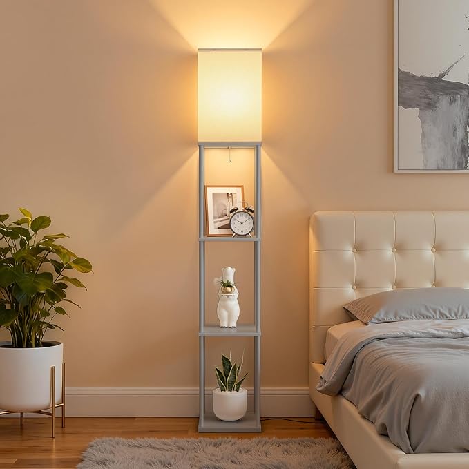 FOLKSMATE Floor Lamp with Shelves, 3-Tier Modern Square Bookshelf Floor Lamp, 3 Color Temperature Bulb Included, Floor Lamps for Living Room Bedroom Corner - Grey