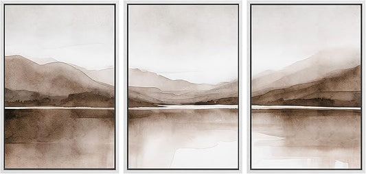 SIGNWIN Framed Canvas Print Wall Art Mountain Landscape Modern Minimalist Brown and Gray Watercolor Nature Wilderness Modern Art Cool for Living Room, Bedroom, Office - 24"x36"x3 White