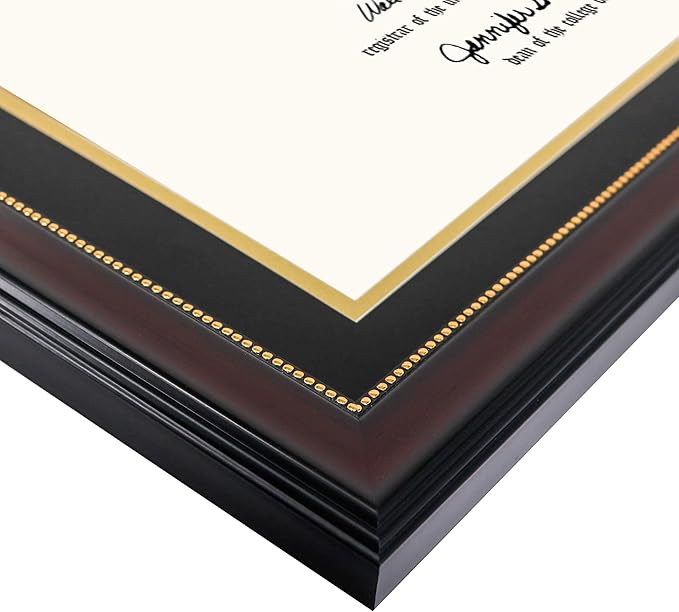 GraduationMall 14x20 Double Diploma Frame, Display 8.5x11 Certificate with Black over Gold Mat,Tempered Glass,Mahogany with Gold Beads
