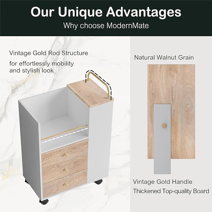 3 Drawer Mobile File Cabinet, Wood Rolling Filing Cabinet with Lockable Wheels, Utility Cart with Open Storage Shelves Home Office Fits A4/Legal, 19.7" x 11.8" x 26.3", Light Walnut