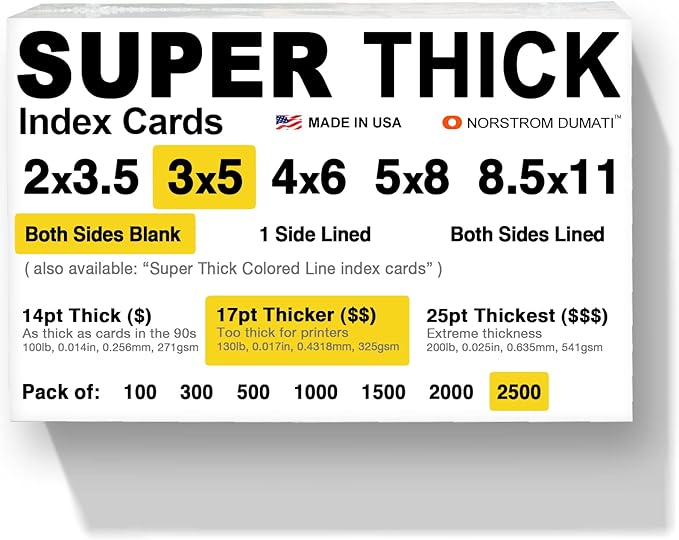 2,500 SUPER THICK index cards / 3"x5" / 17pt (0.017") 130lb / blank un-ruled/archival acid-free in bulk
