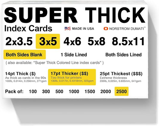 2,500 SUPER THICK index cards / 3"x5" / 17pt (0.017") 130lb / blank un-ruled/archival acid-free in bulk