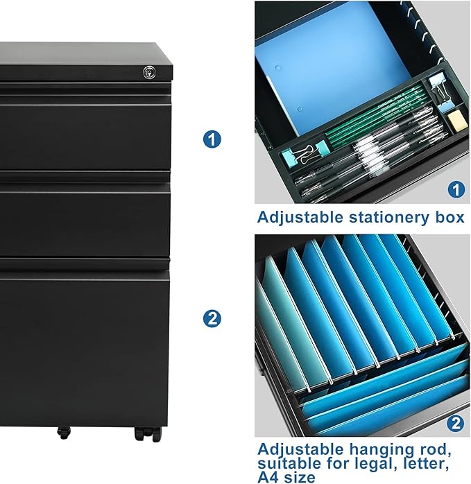 3-Drawer 15.4" W Classic File Cabinet with Lock, Metal Filling Cabinets Suits Legal/Letter Size for Home Office, Fully Assembled Except Wheels, Grey (3-Drawer Widen, Black)
