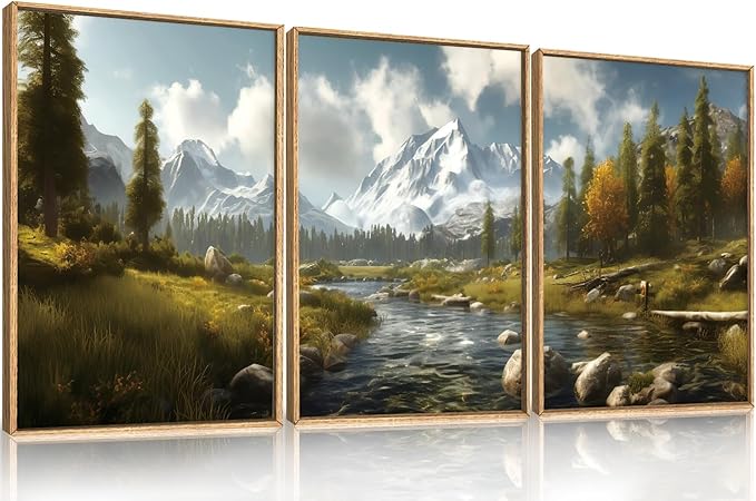 Watercolor Sage Green Mountain Woodland Framed Canvas Wall Art Set,Modern Wilderness River Grassland Wall Decor,Natural Rustic Forest Landscape Artwork for Living Room,Farmhouse- 24"x36"x3