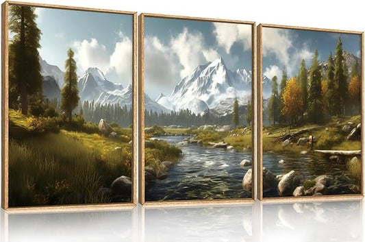 Watercolor Sage Green Mountain Woodland Framed Canvas Wall Art Set,Modern Wilderness River Grassland Wall Decor,Natural Rustic Forest Landscape Artwork for Living Room,Farmhouse- 24"x36"x3