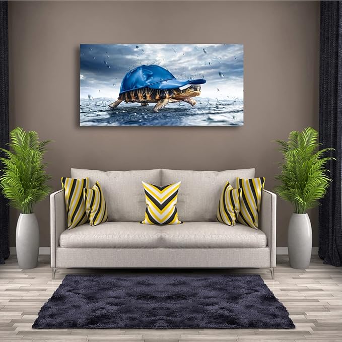 Haichuang Decor Art Funny Turtle Canvas Wall Art 40x20 Inches Framed Turtle with Blue Cap Wall Decor Wood Frame Waterproof HD Giclee Print Ready to Hang Humor Animal Artwork for Living Room Bedroom Bathroom