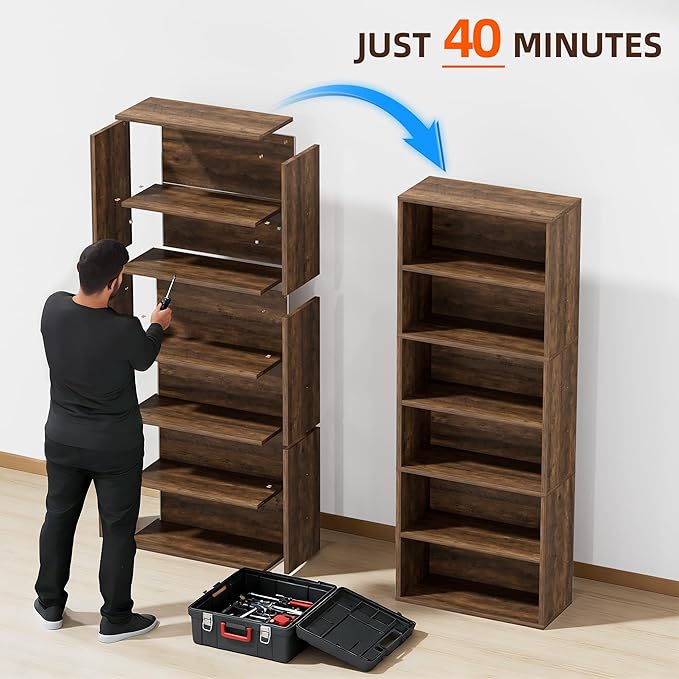 Furniwell 71" Tall Bookcase Bookshelves, 6 Tier Floor Standing Bookcases Open Frame, Modern Display Storage Organizer for Home Office, Living Room, Bedroom, Study Room (Brown, 2 Pcs)