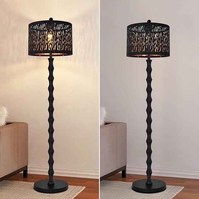 Black Floor Lamp for Living Room Bedroom,Farmhouse Rustic Tall Lamp,Vintage Modern Standing Lamp with Unique Drum Lampshade,Gothic Mid Century Iron Floor Lamp for Office Corner(Bulb Included)