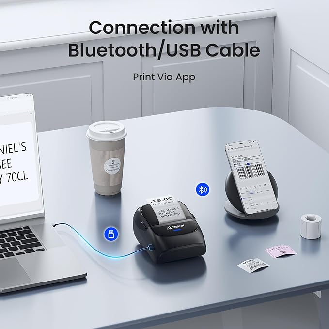 CLABEL Label Maker Machine with Tape, 221B Thermal Bluetooth Label Printer 2 Inch Portable Barcode Inkless Sticker for Small Business, Retail Office,Office, Home, Came with 3 Roll Label (Black)