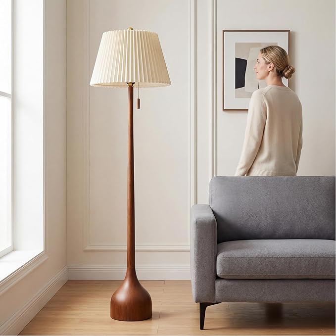 MOFFE 65" Mid Century Modern Vintage Real Wood Floor Lamp with 2 Shades for Two Looks, Sculptural Standing Lamp with Teardrop Base & Wooden Pull Chain for Living Room Bedroom Sofa Side (Bulb Included)
