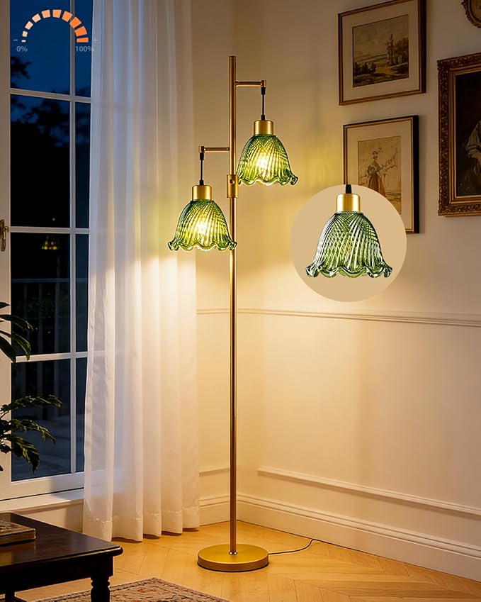 Lightdot 2- Light Gold Flower Floor Lamp for Living Room, 65IN Dimmable Floor Lamps with Green Glass Shade& 3000K Warm White Bulbs, Modern Standing Tall Lamp for Bedroom Office Sofa Beside Home Decor