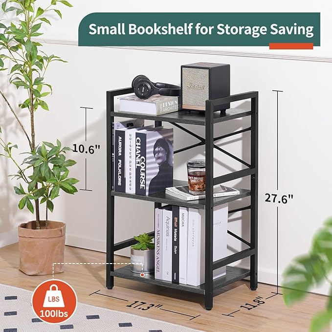Yoobure Bookshelf Small Book Shelf, Solid Industrial 3 Tier Shelf Bookcase, Short Book Case for Bedroom, Living Room, Office Home, Small Spaces, Easy Assembly Charcoal Gray