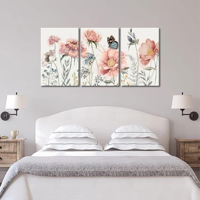3pcs Pink Peony Floral Canvas Wall Art Butterfly Blossom Wall Decor Pictures Watercolor Bouquet Posters Prints For Living Room Classroom Bedroom Decoration Prepare To Hang