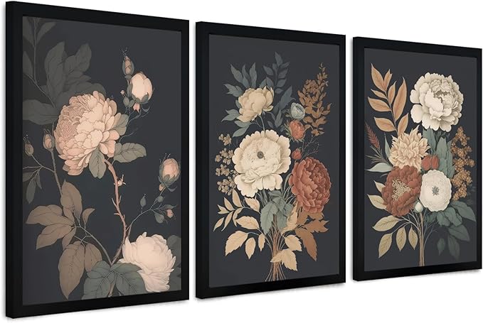 Krtoni 3PCS Framed Vintage Flower Wall Art, Rustic Farmhouse Dark Peony Floral Wall Decor, Retro Plants Aesthetic Painting Prints, Flower Botanical Artwork for Living Room Bedroom Bathroom 12W x 16H