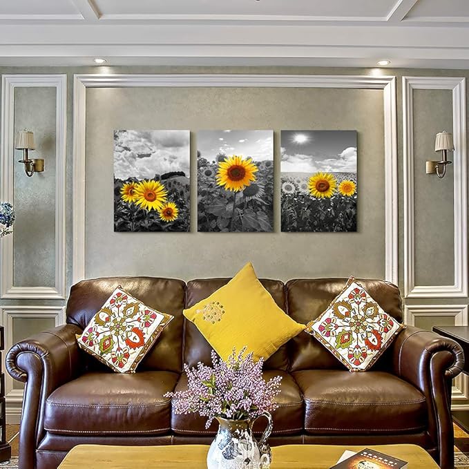 Large Size Canvas Wall Art For Living Room Family Bedroom Wall Painting Decoration,Bathroom Wall Decor Kitchen Home Decoration Black And White Sunflower Flowerswall Pictures Artwork,20x28 3 Piece