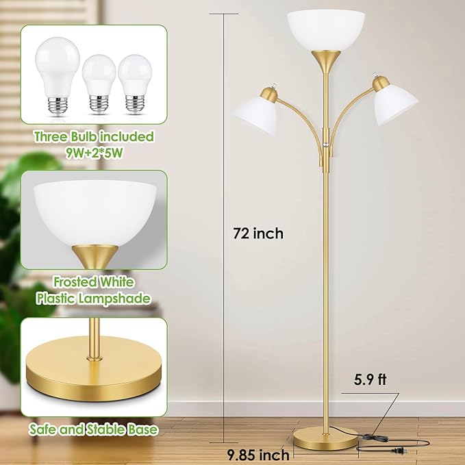 Floor Lamp for Living Room,72" Dimmable Torchiere Lamp with 2 Reading Lights for Bedroom, Gold Tall Standing Room Lamp, 3 Bulbs Included