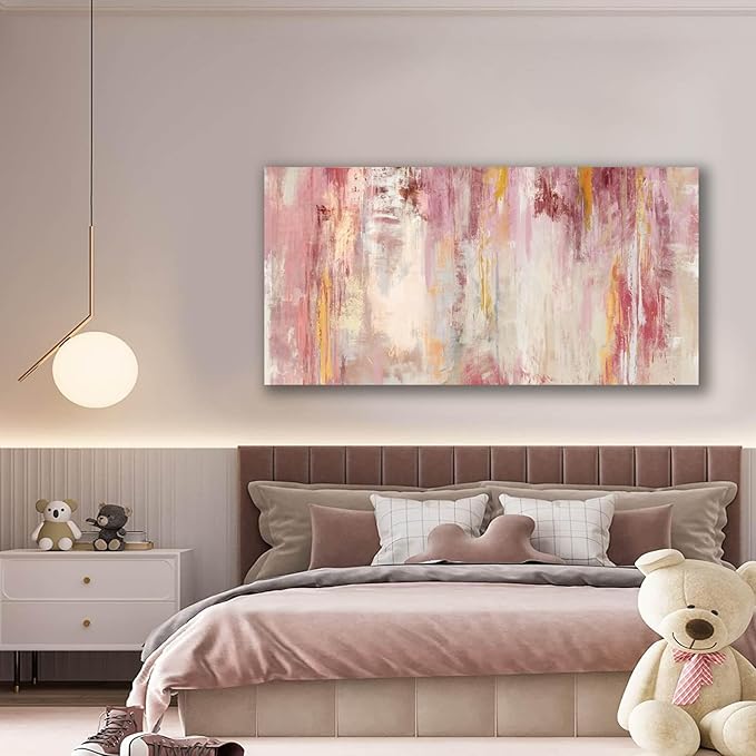 Kureful Canvas Wall Art Pink Wall Decor Abstract Paintings Room Decor for Teen Girls Wall Art Decor Living Room Aesthetic Wall Decorations for Bedroom 24x48 Inch
