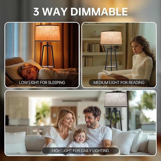 3 Tier Shelf Floor Lamps for Living Room, Modern Standing Lamp with 3 Color Temperature Led Bulb, Tall Lamps for Bedroom and Office, Vintage Yellow