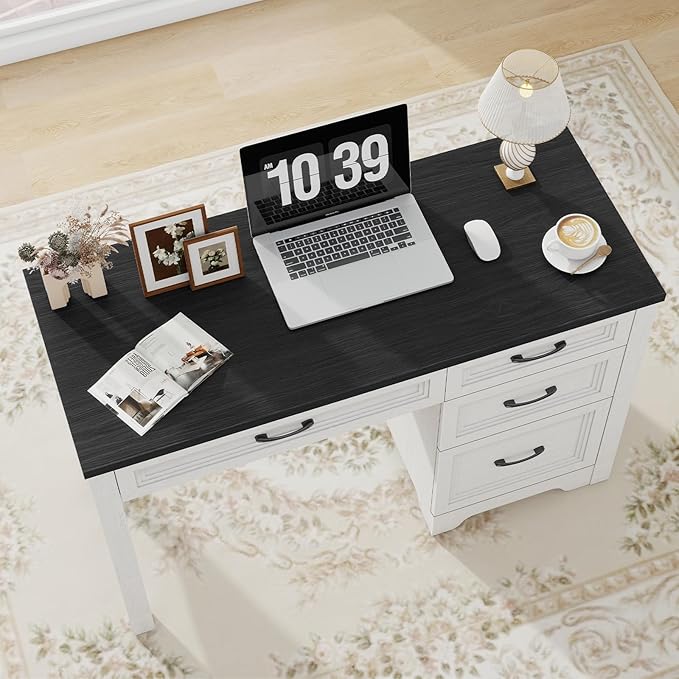 Farmhouse Executive Desk with Drawers, Wood Computer Desk with Ample File Drawer, Rustic Home Office Desk with Storage for Bedroom, Living Room, Black