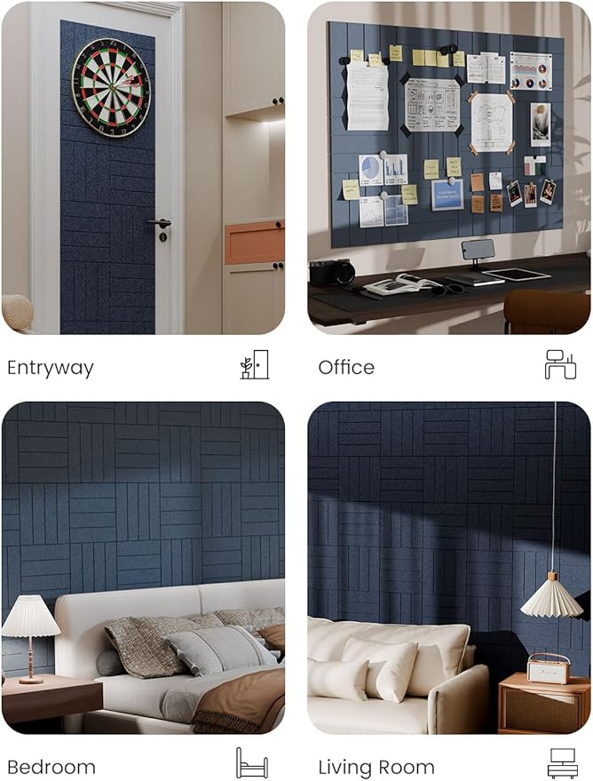 Bumusty Large Cork Board Alternative-48 x 36" Felt Bulletin Board Tiles, with 30 Pushpins, 70 Adhesive Tabs, 12-Pack Slat Wall Paneling, Cork Boards for Office Push Pin Board Felt Board-Navy Blue