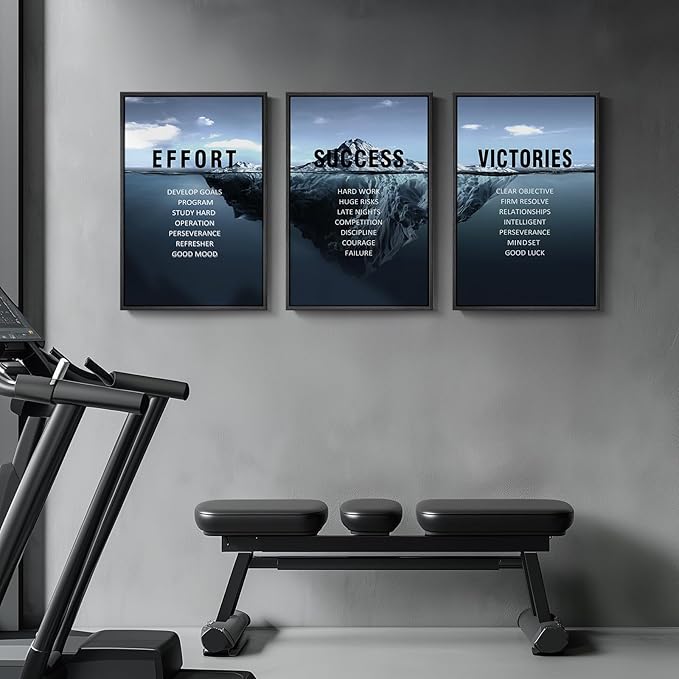 Framed Motivational Wall Art for Office Decor, Set of 3 Inspirational Modern Iceberg Canvas Wall Art Prints, Navy Blue Effort Success Victory Quotes for Home Office Gym Wall Decor, 16x24