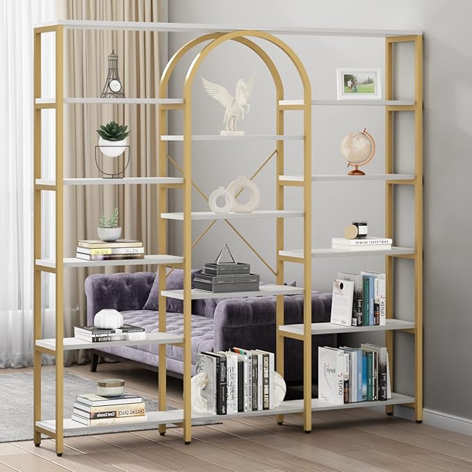 Auromie Triple Wide Gold Bookshelf, 70.87" W x 71.34" H Large Modern Etagere Bookcase, Tall Display Shelf with 13-Tier Open Shelves, Freestanding Staggered Storage Shelf for Home Office, White/Gold