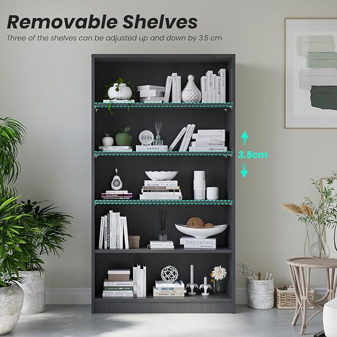 Bookcase Adjustable Storage Shelves,5-Tier Modern Wood Bookcase for Bedroom,60-Inch Bookshelf, Office, Living Room & Library(Grey)