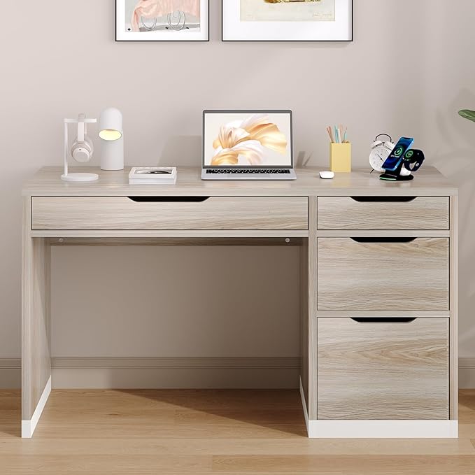 Small Desk with Drawers, 52 Inch Home Office Desk with Storage for Bedroom, Computer Desk with Filing Drawer for Small Space, Walnut